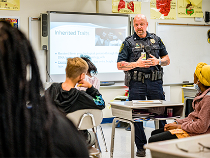 Sauls speaking to students in classroom